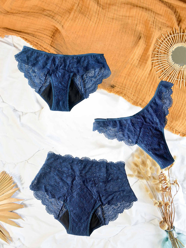 Trio tanga et deux culotte menstruels bleus