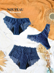 Trio tanga et deux culotte menstruels bleus prévente