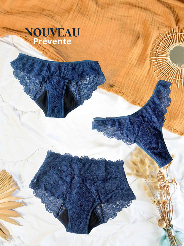 Trio tanga et deux culotte menstruels bleus prévente