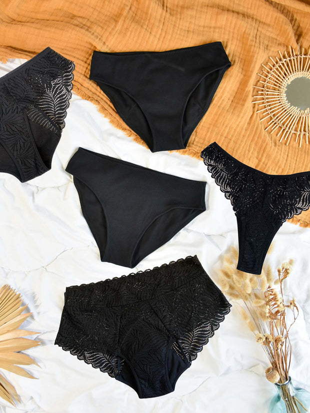 lot de 5 bas menstruels en dentelle et coton noire